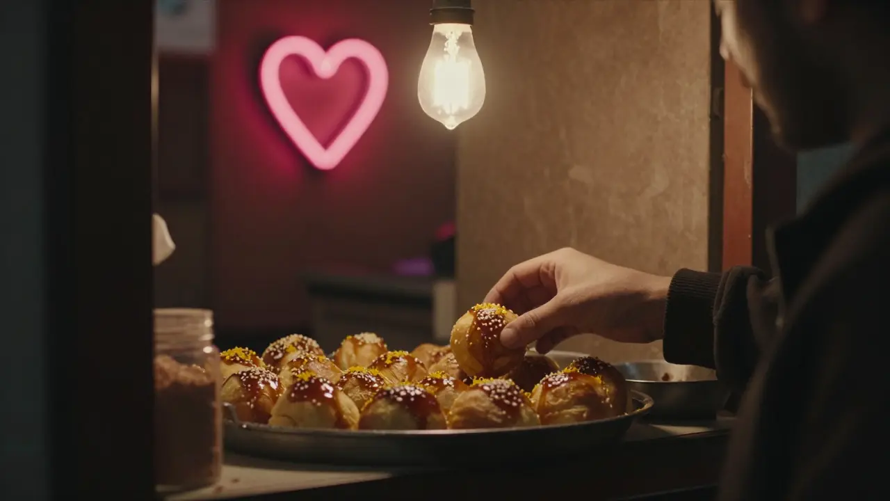 Golden luqaimat dough balls being drizzled with date syrup and saffron at a tiny shop with a blinking neon heart.