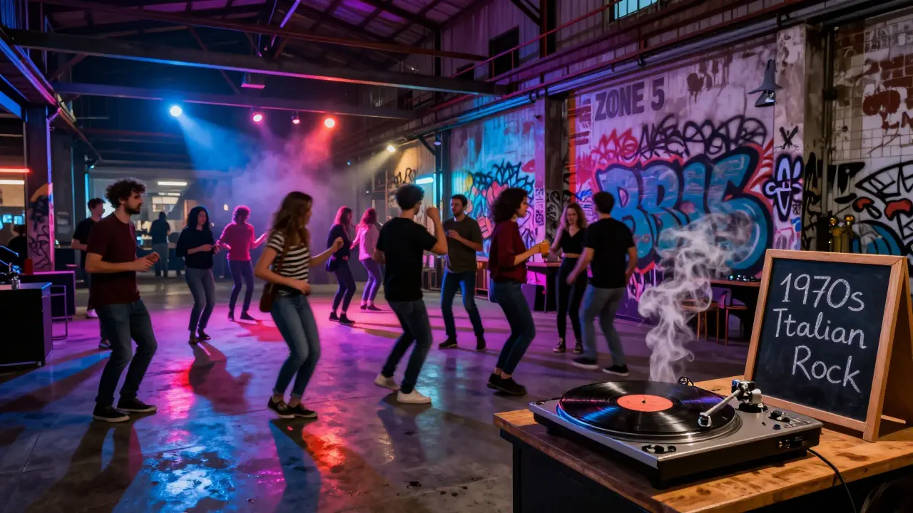 Industrial warehouse in Zone 5 hosting a late-night party with neon lights, dancing crowds, and a vintage vinyl record spinning.