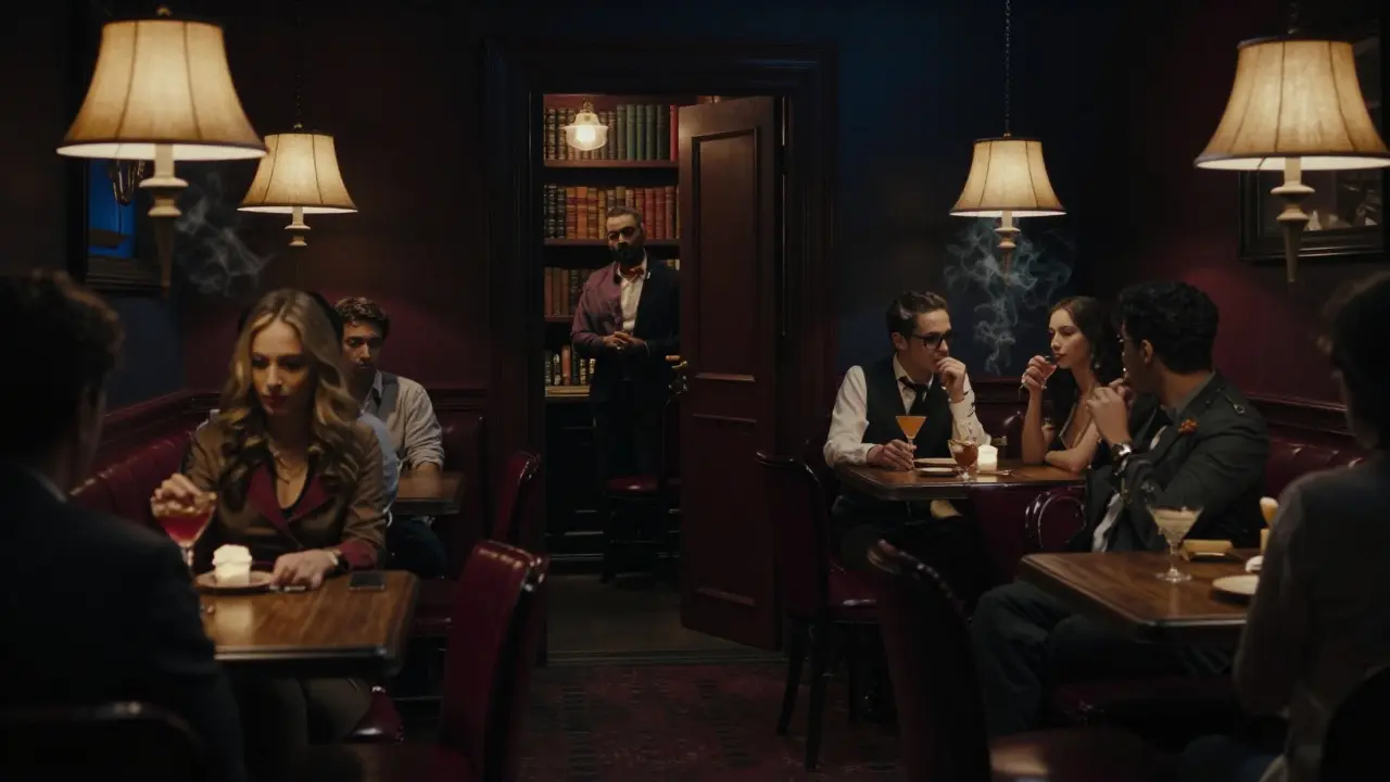 Intimate speakeasy bar with dim lighting and patrons sipping cocktails behind a hidden bookshelf entrance.