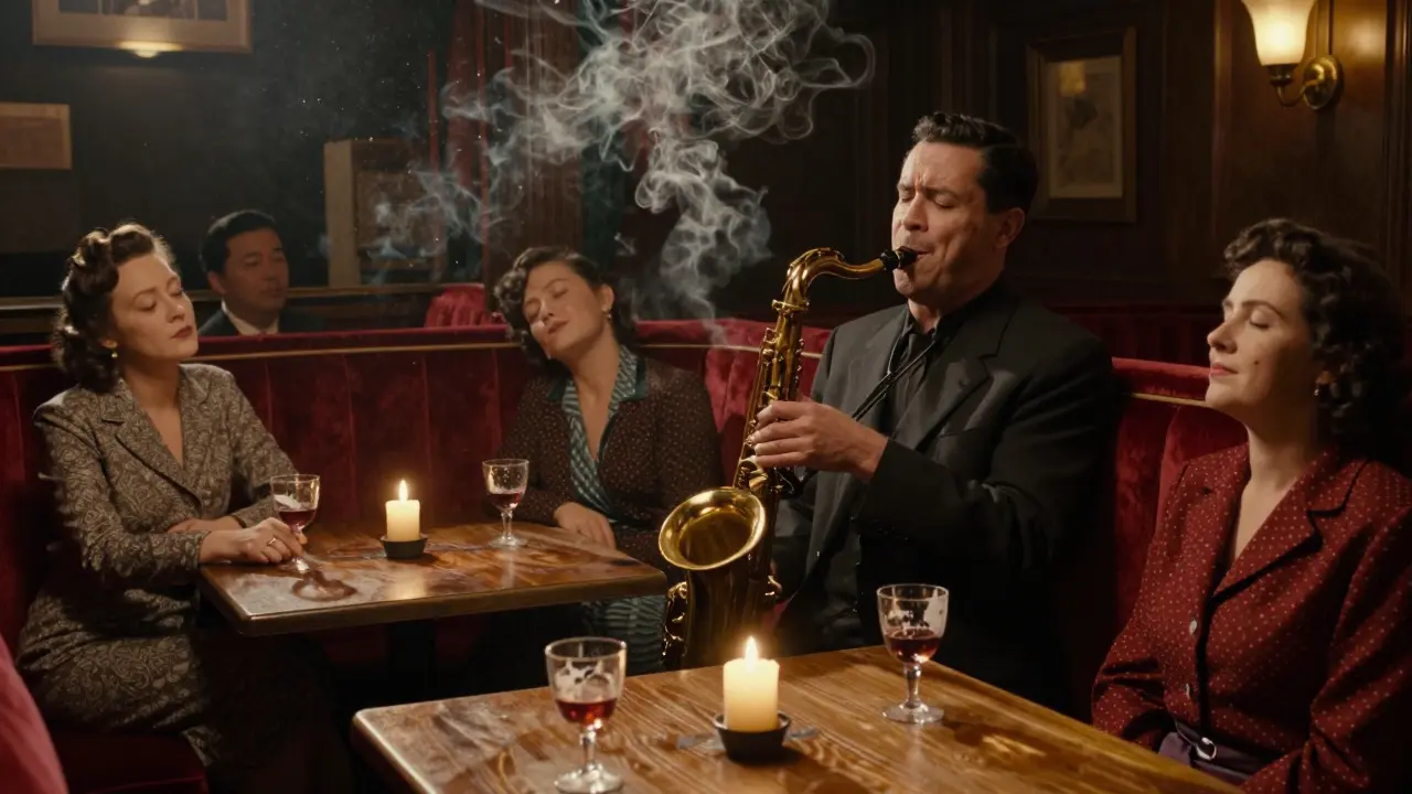 Jazz cellar with candlelight, red velvet booths, and a saxophonist playing as patrons listen intently.