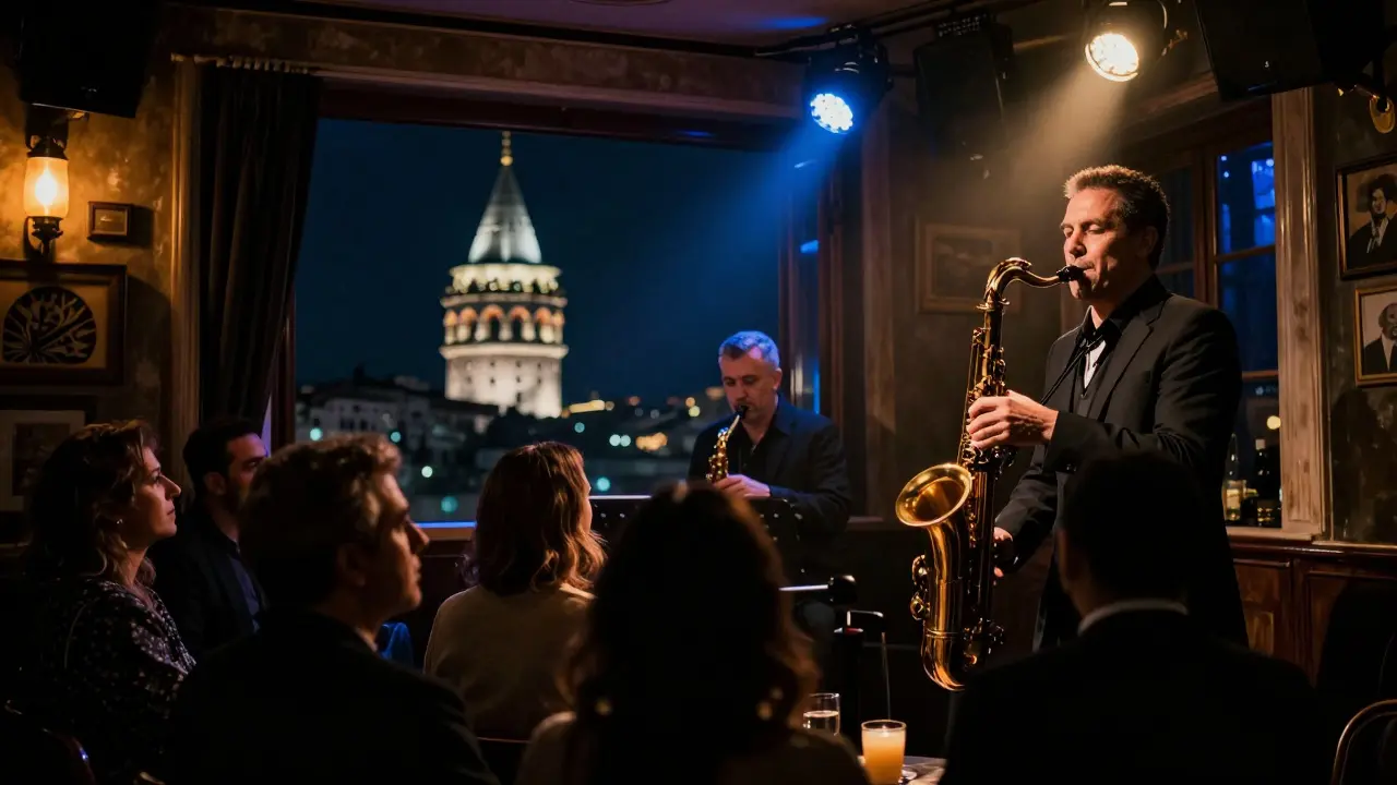 Jazz performance in historic Galata Tower area club with intimate audience.