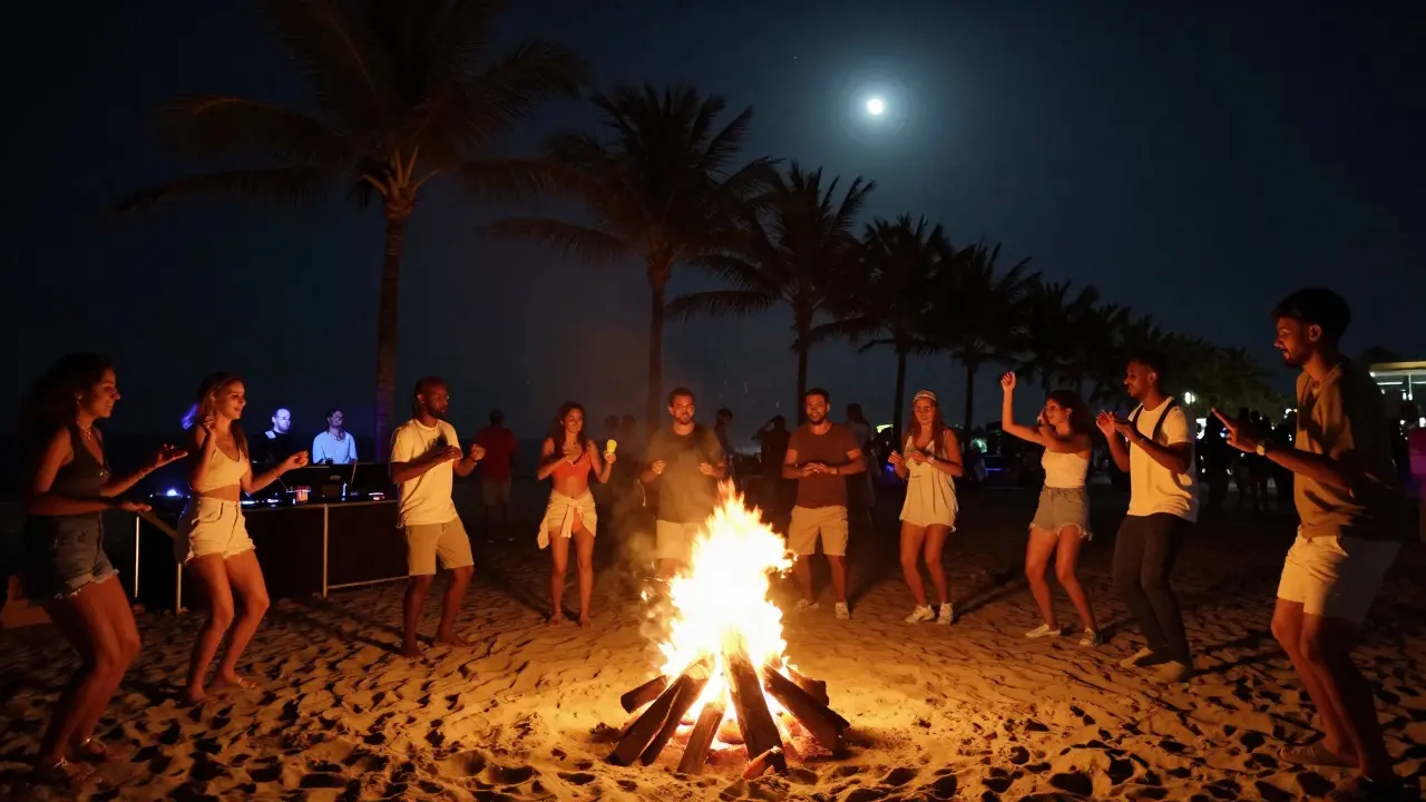 JBR Beach night scene with bonfire, dancing crowd, and palm trees under starry sky.