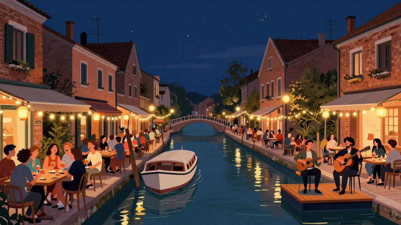 Lantern-lit canals of Navigli filled with people sipping drinks on terraces, music and laughter under a starry night sky.