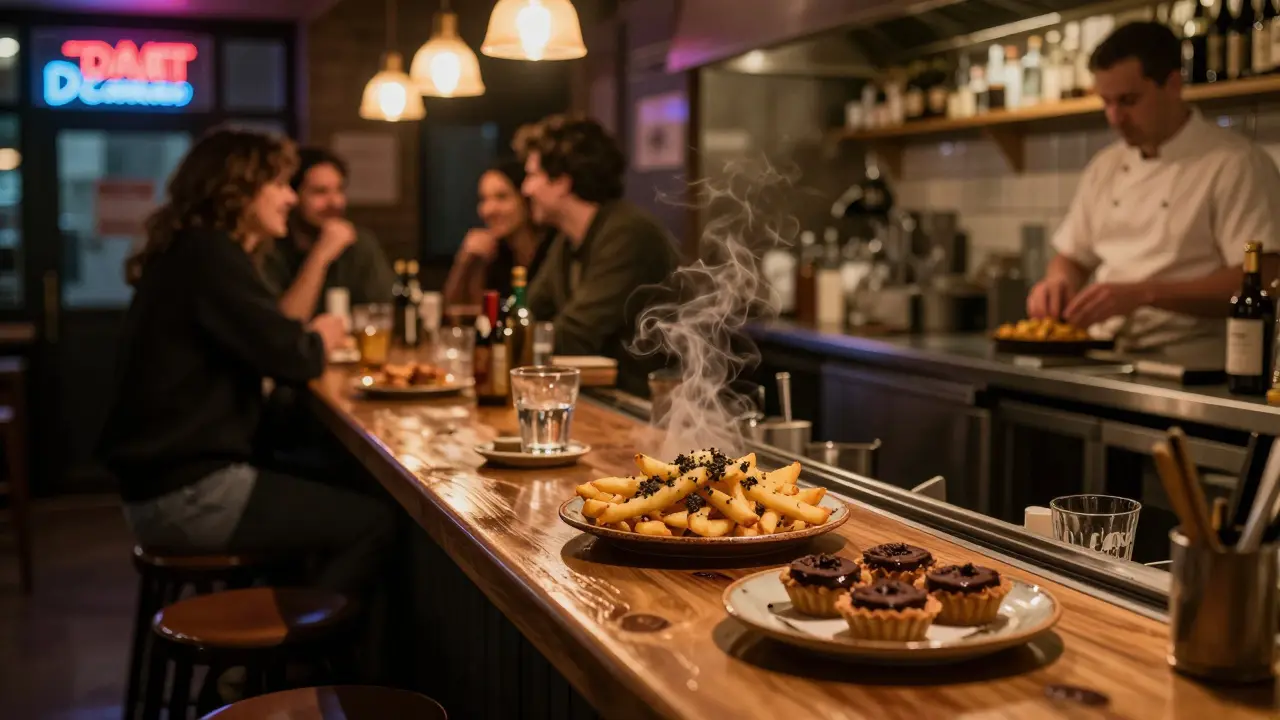 Locals enjoy late-night snacks at Le Petit Bar, warm lights glowing over food and empty stools.
