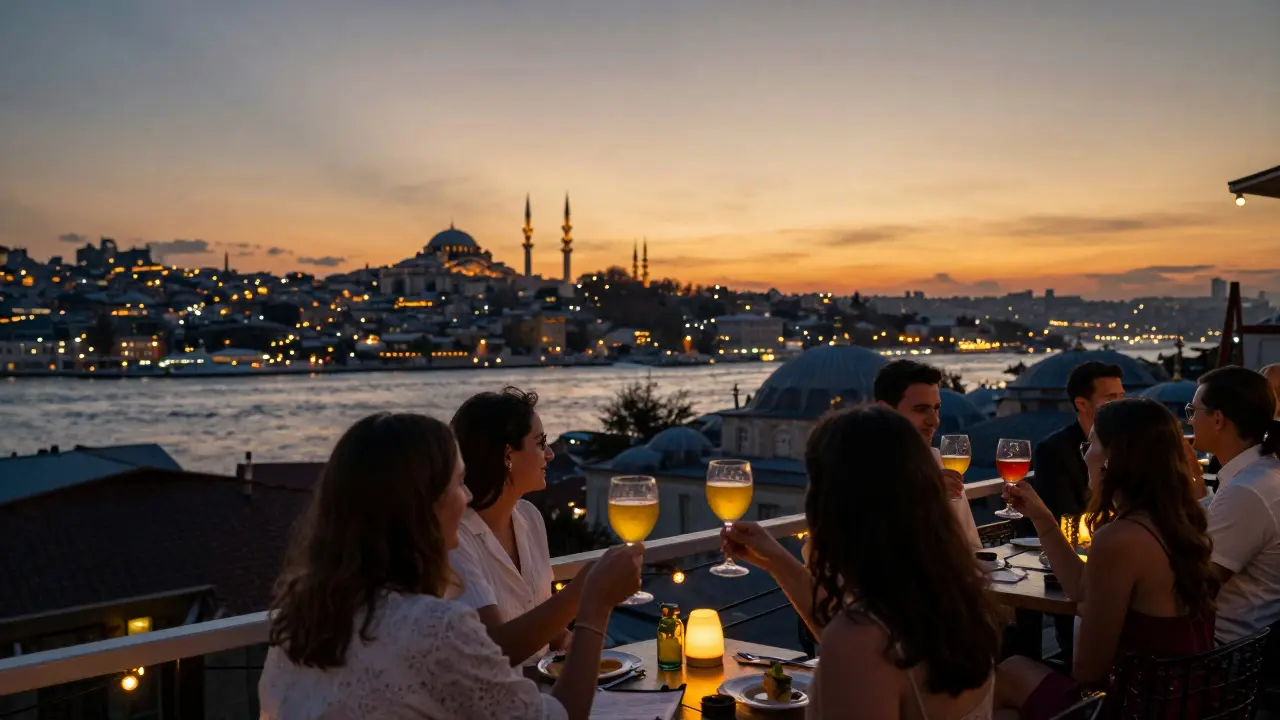 Luxurious rooftop lounge in Istanbul at sunset with panoramic views of minarets and the Bosphorus.