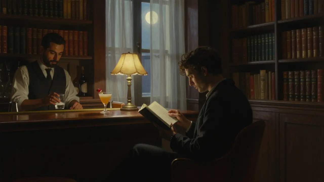 Quiet book-lined lounge with a lone reader and bartender, moonlight through sheer curtains.