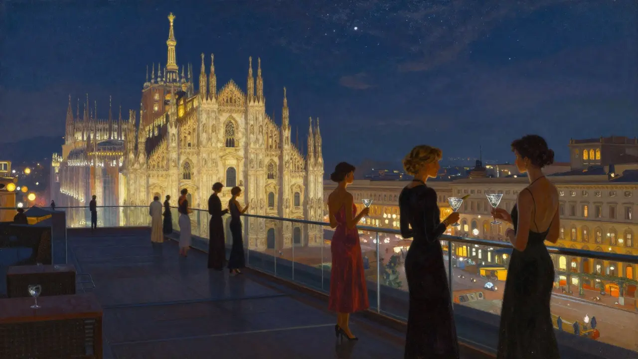 Rooftop bar overlooking Milan at night with the Duomo illuminated and city lights stretching into the distance.