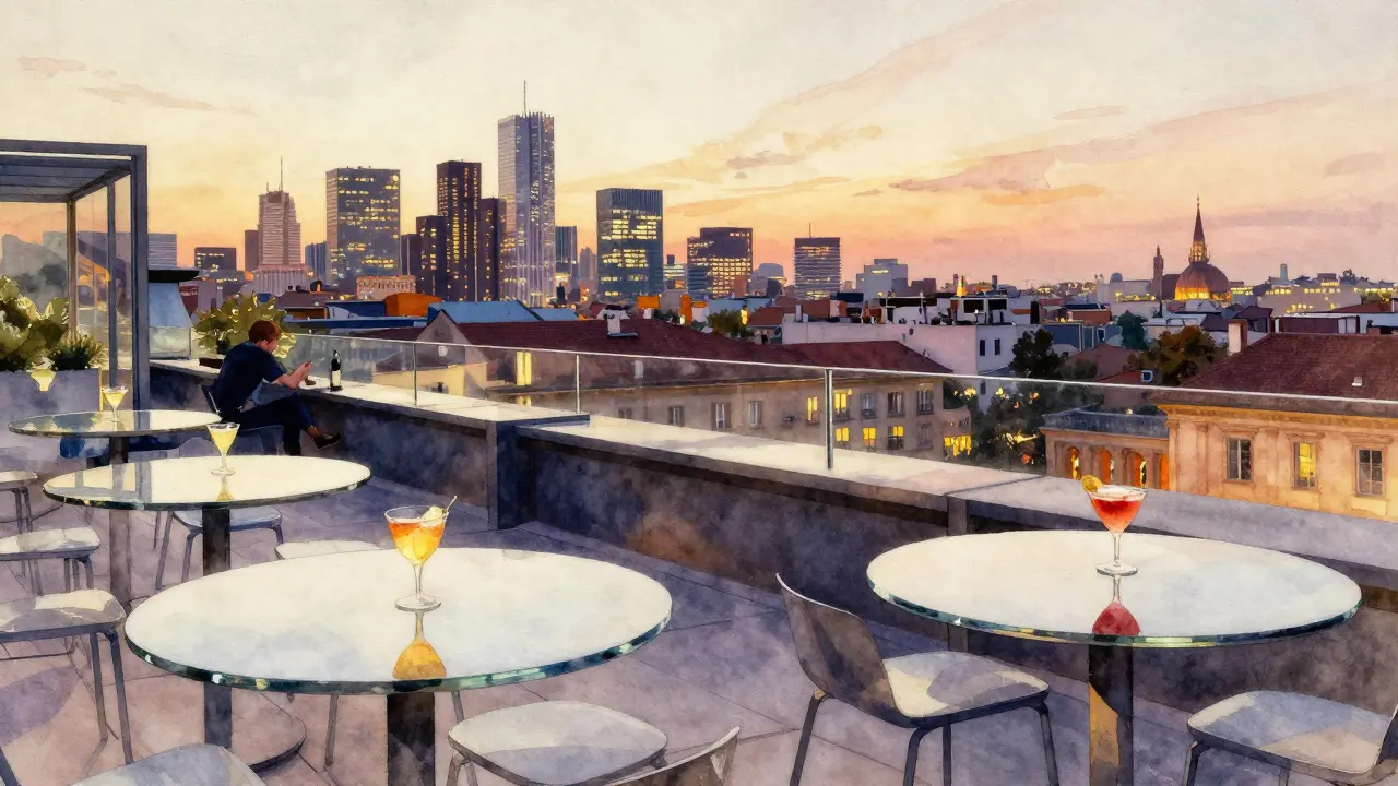Rooftop bar with Milan skyline and sunset cocktails