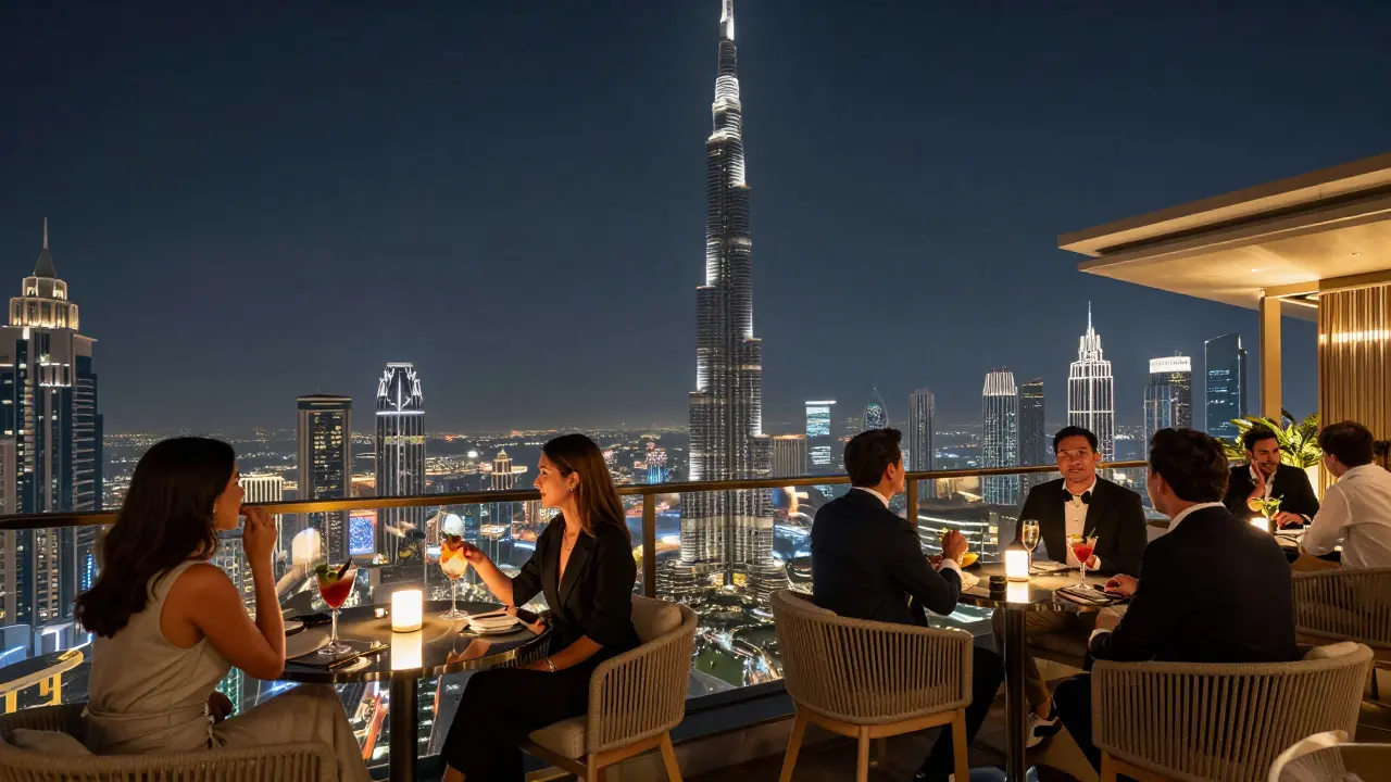 Rooftop lounge at Skyviews with Burj Khalifa views and elegant guests enjoying cocktails.