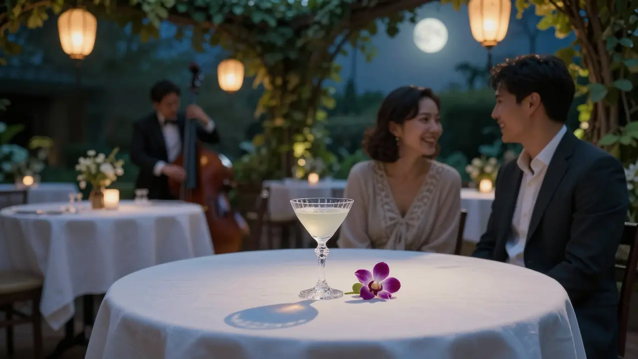 Secret garden party at night with lanterns, white tablecloths, and a floral cocktail under moonlight.