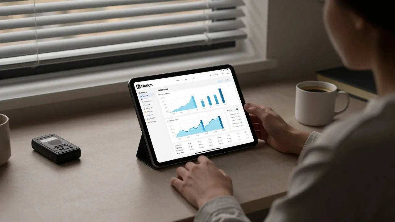 Someone managing client data and income analytics on a tablet in a peaceful London home at dawn.