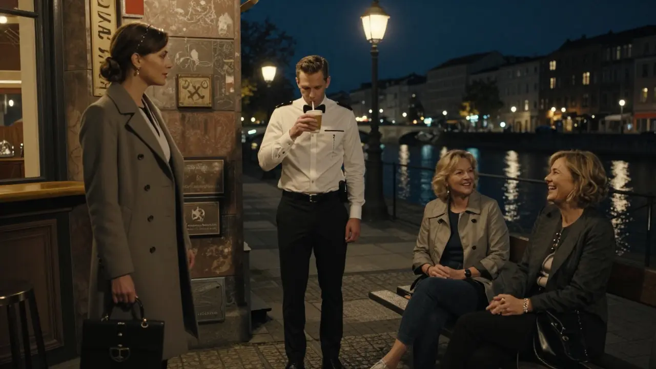 Three diverse Berlin companions in nighttime settings — museum, bar, and riverbank — exuding dignity and quiet connection.