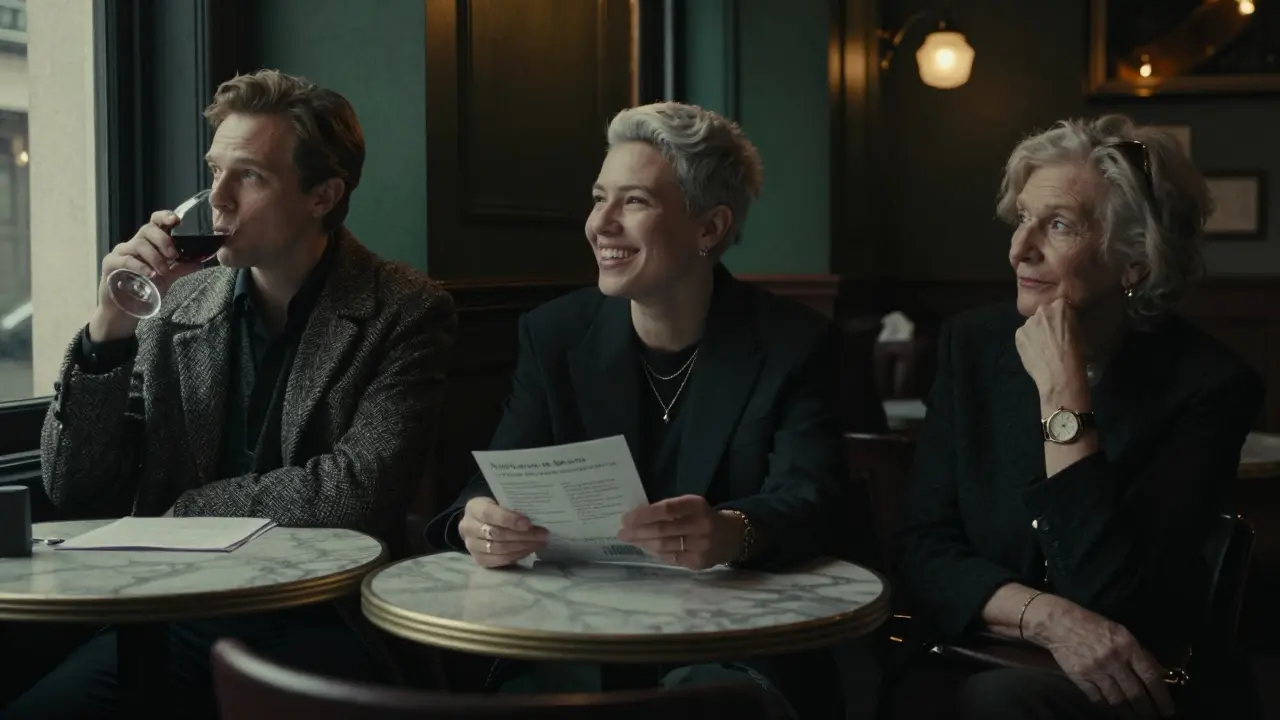 Three diverse companions enjoy quiet moments in a Parisian jazz bar, each lost in their own thoughts.