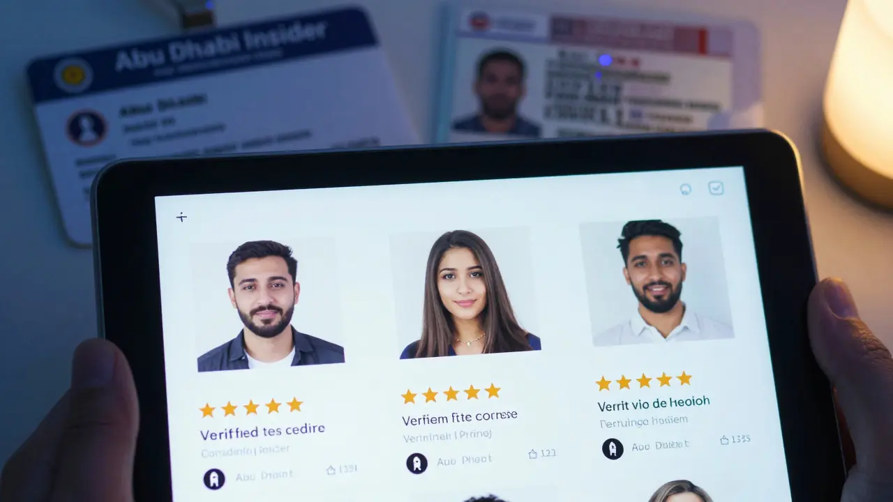 Three verified escort profiles on a tablet with positive reviews from trusted forums, showing ID and verification badges.