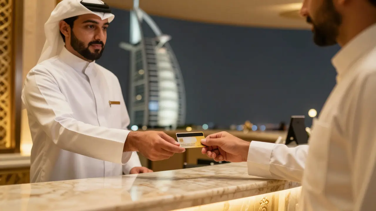 Tourist paying with credit card at luxury hotel concierge desk.
