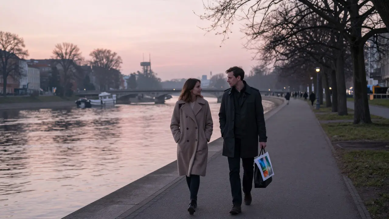 Two figures walking peacefully along the Spree River at dawn, one carrying a wrapped art print, in serene city light.