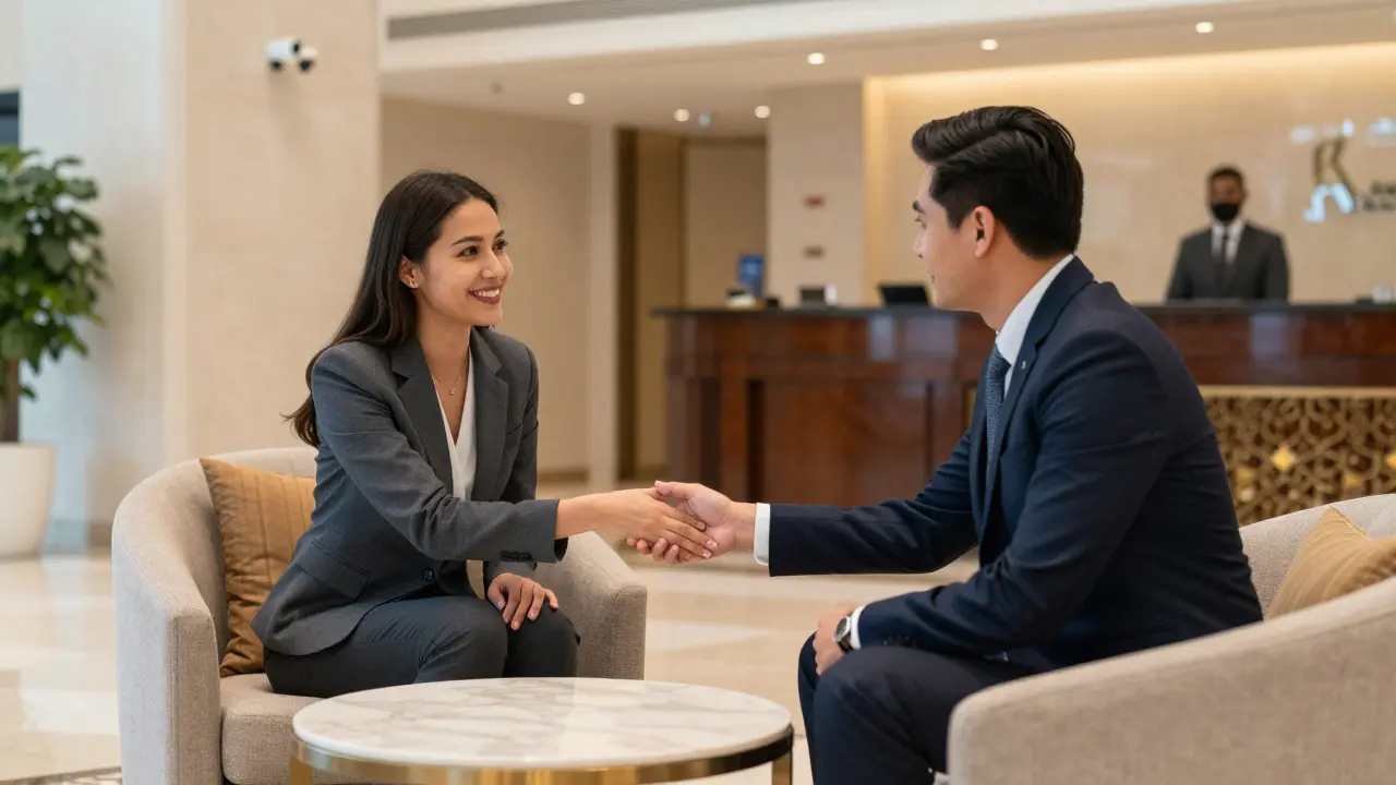 Two people meeting safely in a luxury hotel lobby, one smiling warmly, with visible security cameras and front desk staff nearby.