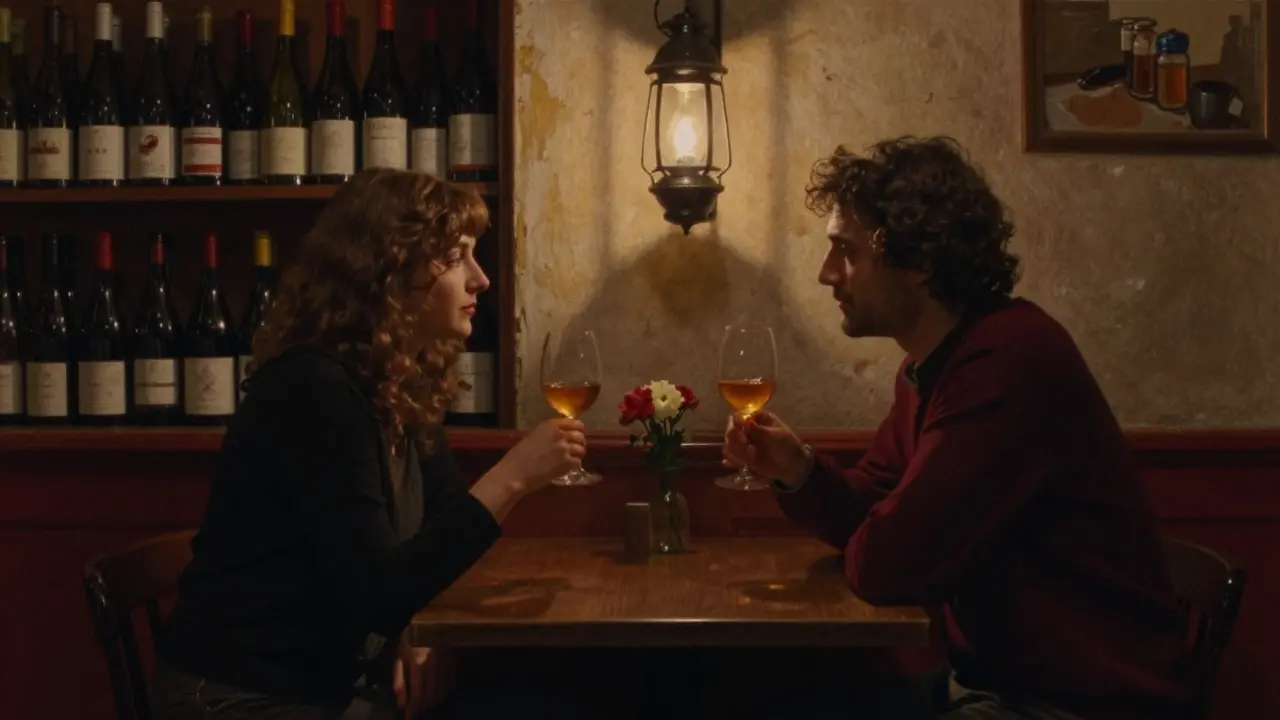 Two people share wine at a candlelit table in a cozy Le Marais wine bar, surrounded by warm ambient light.