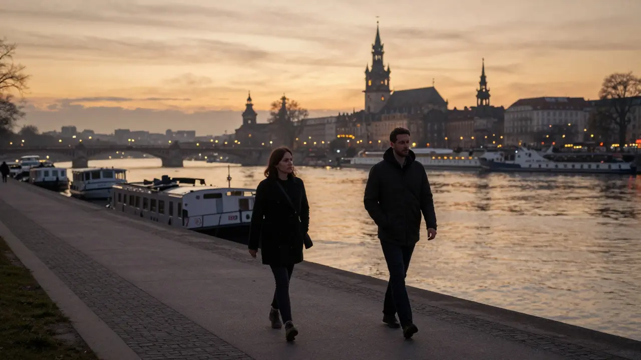 Two people walking peacefully along the Spree River at sunset, sharing quiet companionship.