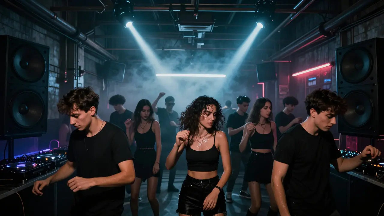 Underground techno club with a dense crowd dancing in smoke, industrial walls, and pulsing light effects.