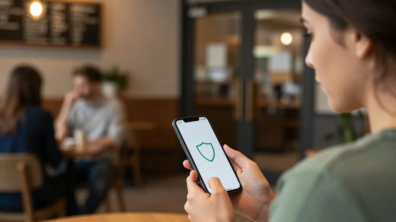 Woman using safety app in café with confident expression