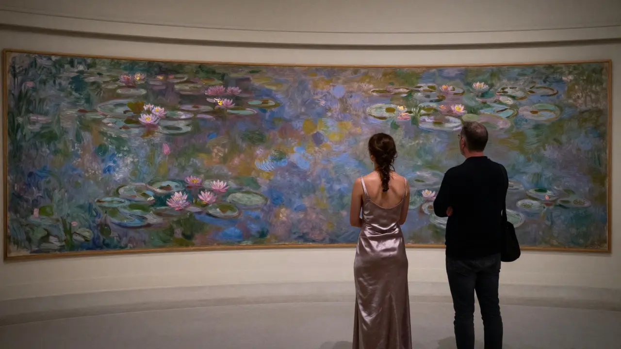 A client and woman stand in silent awe before Monet's Water Lilies in an empty museum wing after hours.