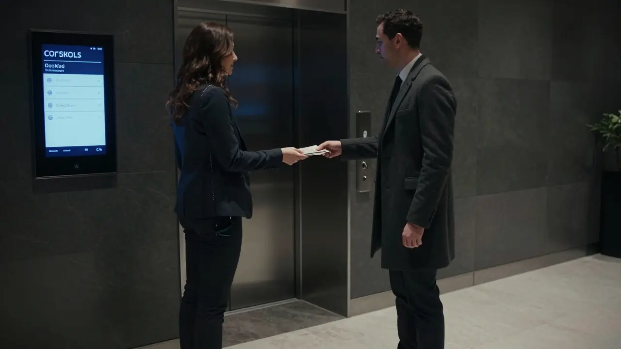A client handing payment to an escort in a London apartment lobby, digital booking screen visible in background.