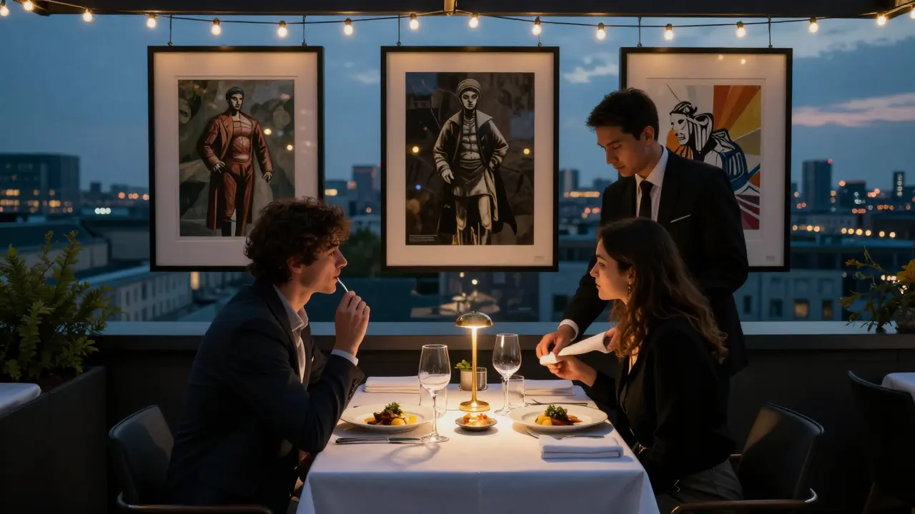A couple enjoying a private rooftop dinner in Berlin, string lights, city views, elegant setting.
