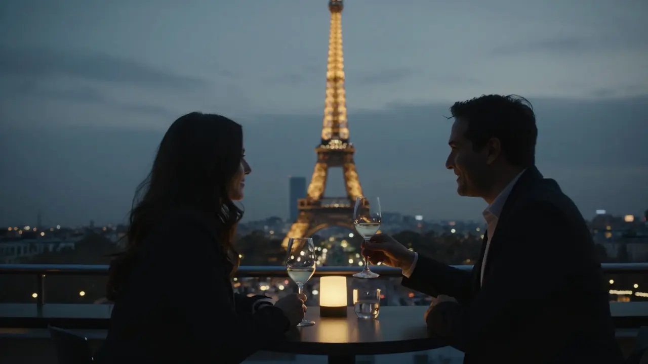 A couple enjoying a quiet moment at a rooftop bar with the Eiffel Tower glowing softly in the background.