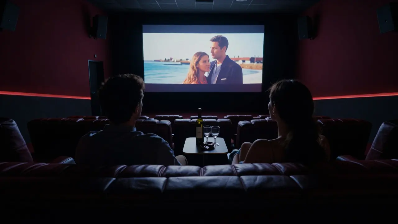 A couple watches a movie in a dark private cinema, lit only by the screen's glow.