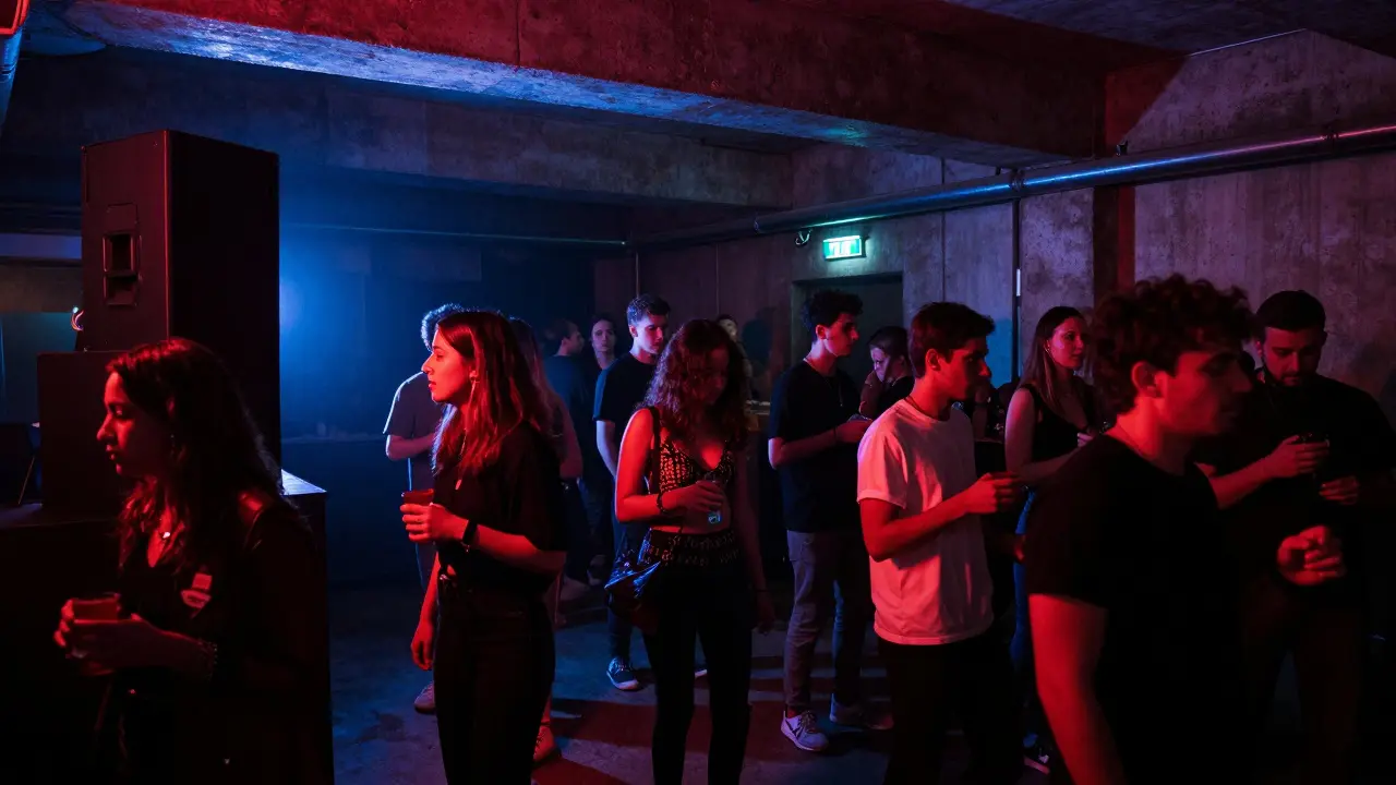 A crowd dancing in a concrete underground club with strobing red and blue lights, no signs or VIP sections.