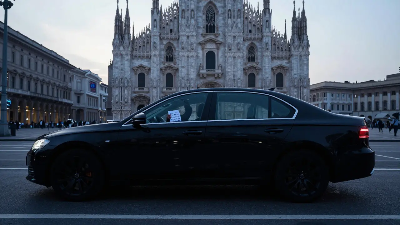 A discreet black sedan driving through empty Milan streets at dawn, no visible markings.
