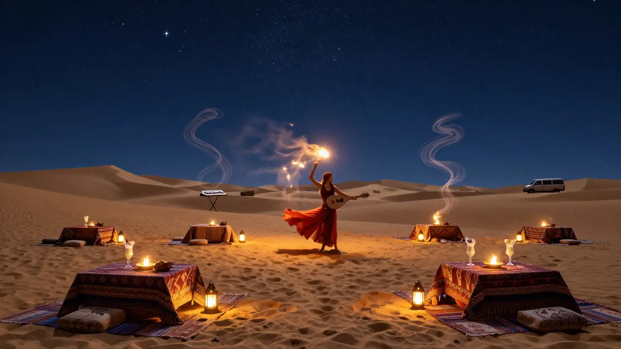 A fire dancer under starry desert skies, surrounded by lanterns and rugs at a secret night party.