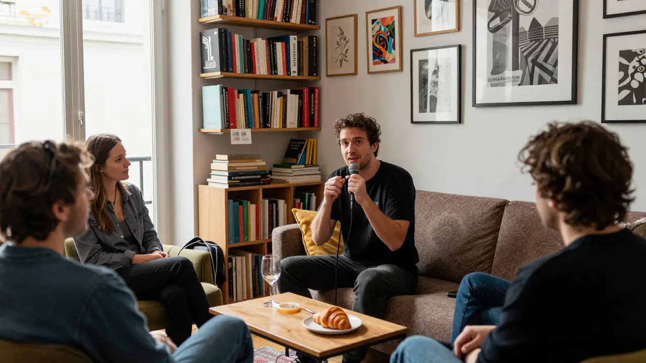 A French comedian tells a joke on a couch amid bookshelves in a cozy Montmartre venue with wine and a croissant nearby.