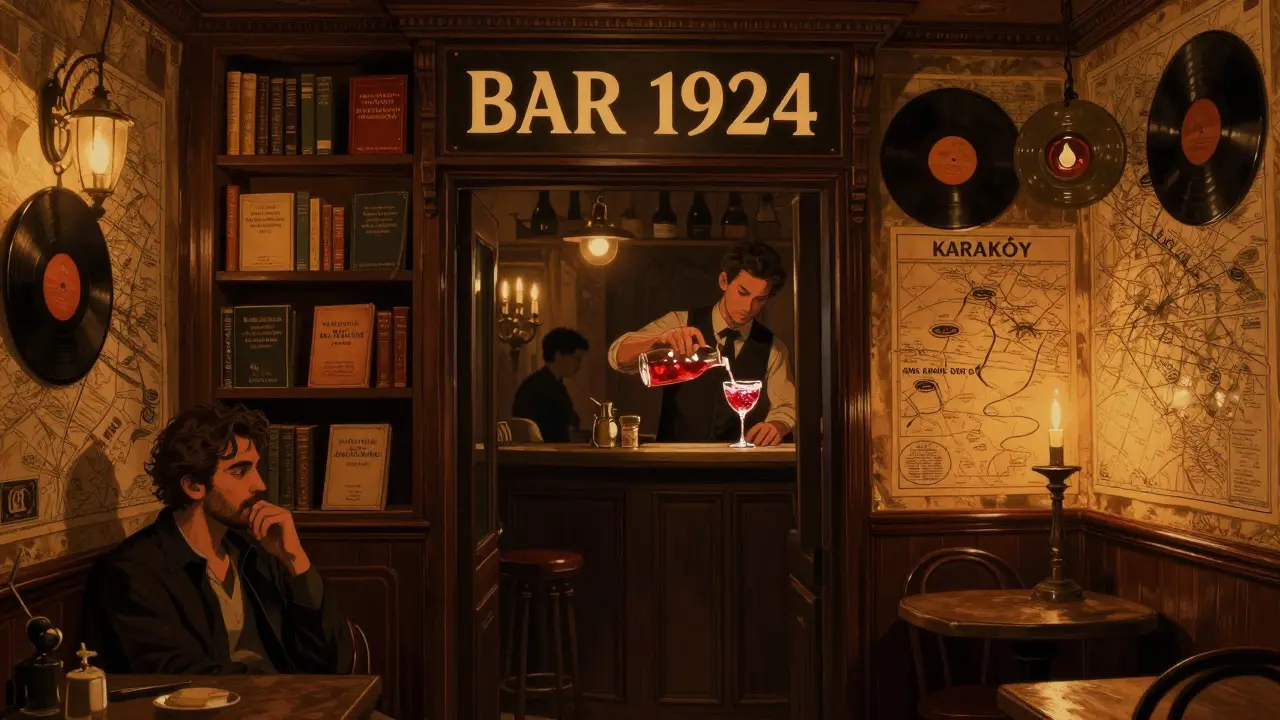 A hidden bar behind a bookshelf with dim lighting, cocktails, and vintage decor in Istanbul’s Karaköy district.