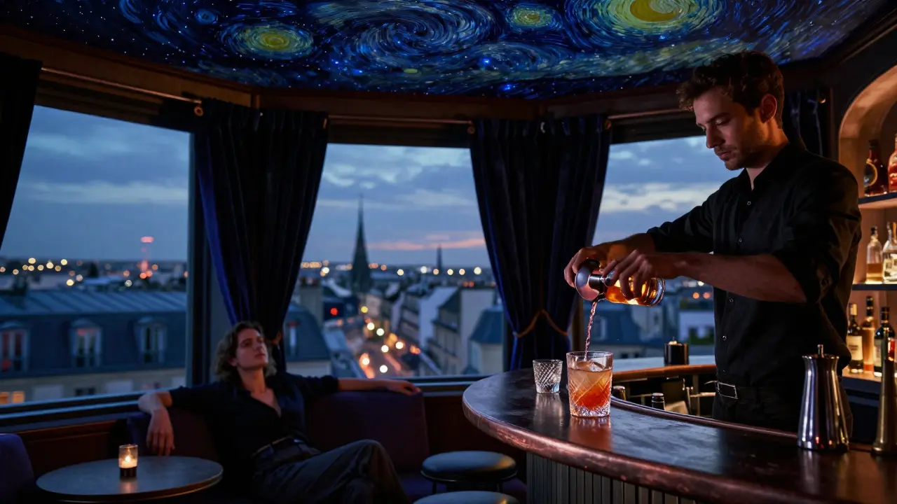A hidden rooftop bar with a starry ceiling and a patron sipping a smoky cocktail as city lights glow beyond.