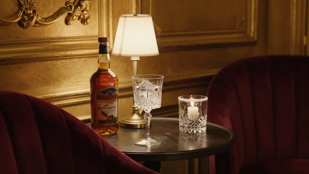 A luxurious gold-leaf bar with a crystal cocktail glass catching candlelight in an elegant Parisian setting.