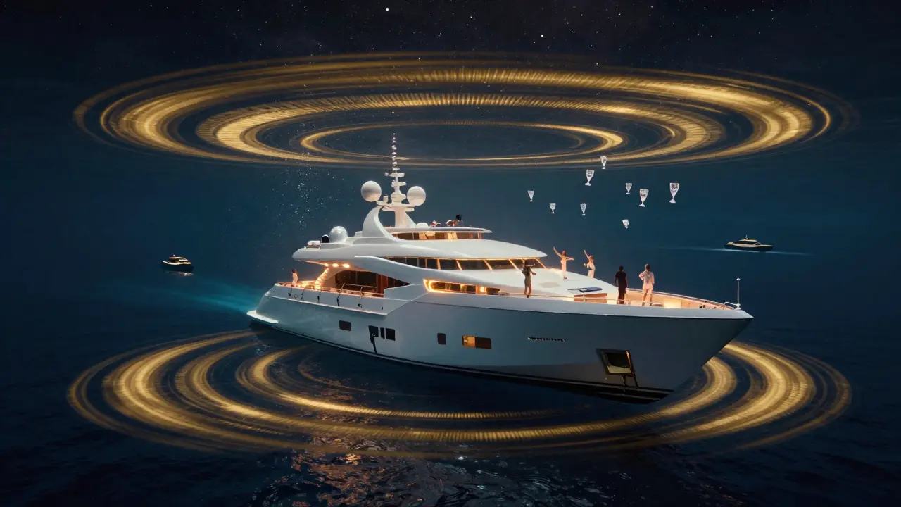 A luxurious superyacht transformed into a floating nightclub, glowing with LED lights over dark ocean waters.