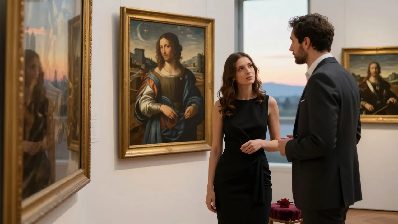 A man and woman sharing a quiet moment before a Renaissance painting in a private gallery.
