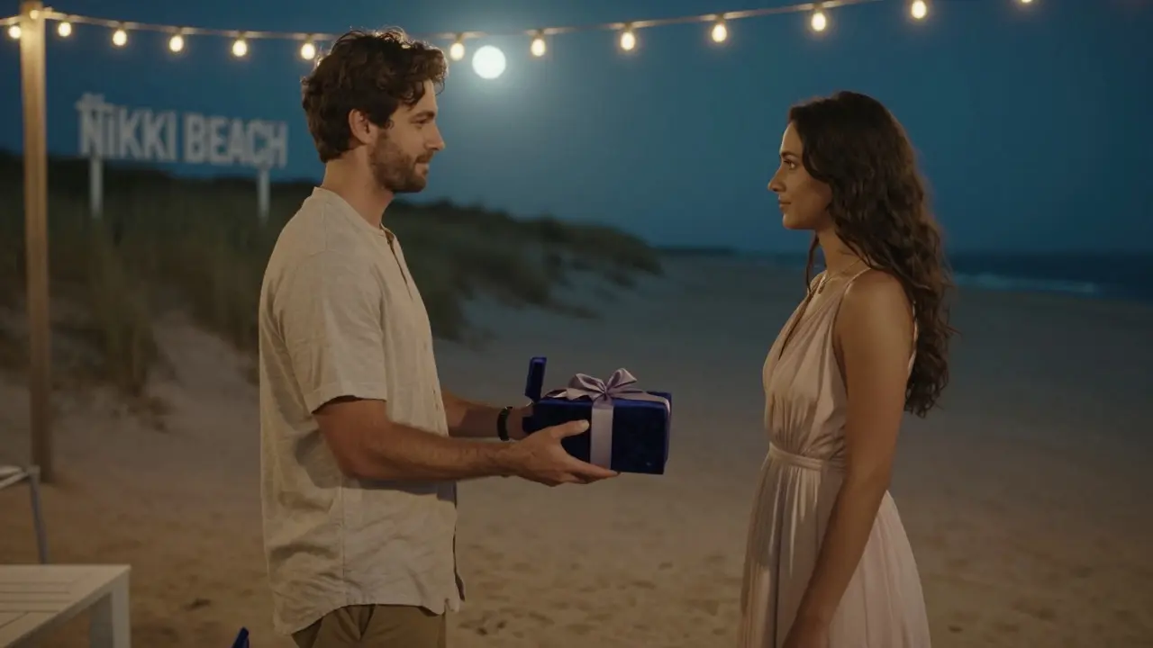 A man handing a wrapped gift to a woman at a quiet beach club under moonlight, conveying discretion and elegance.