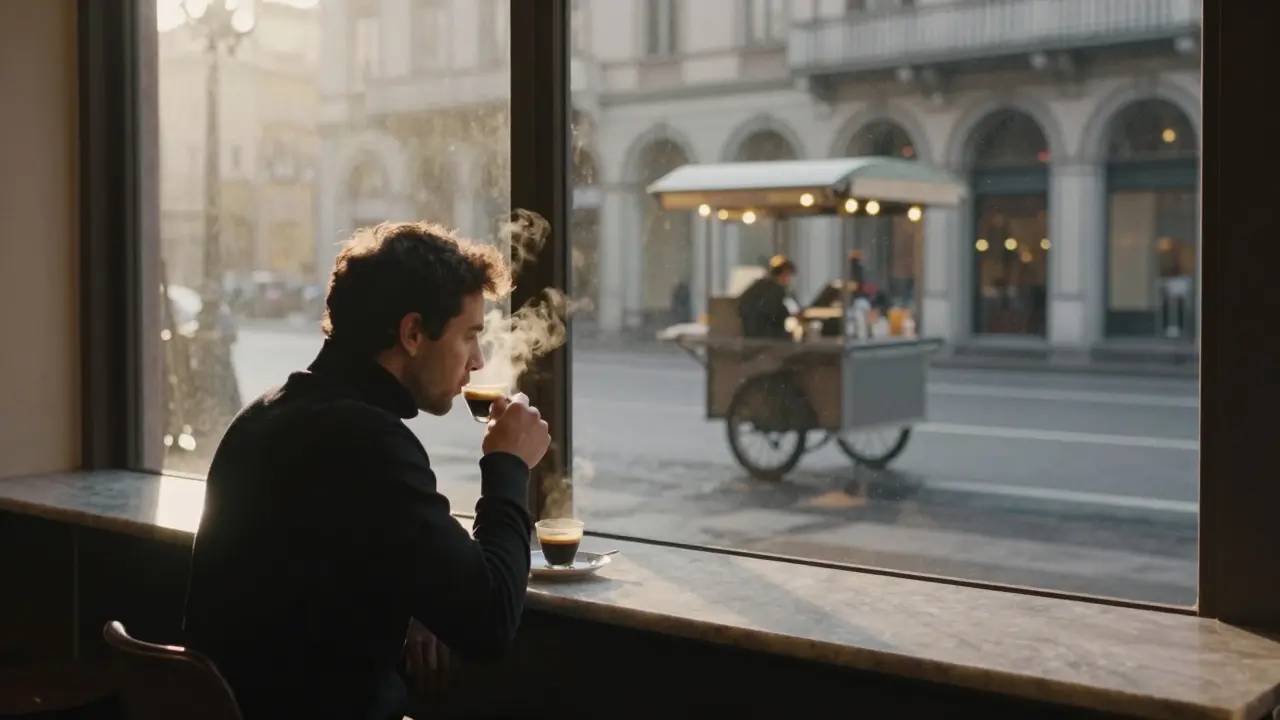 A man sips espresso at dawn in Caffè Cova as a coffee cart rolls onto the empty square outside.
