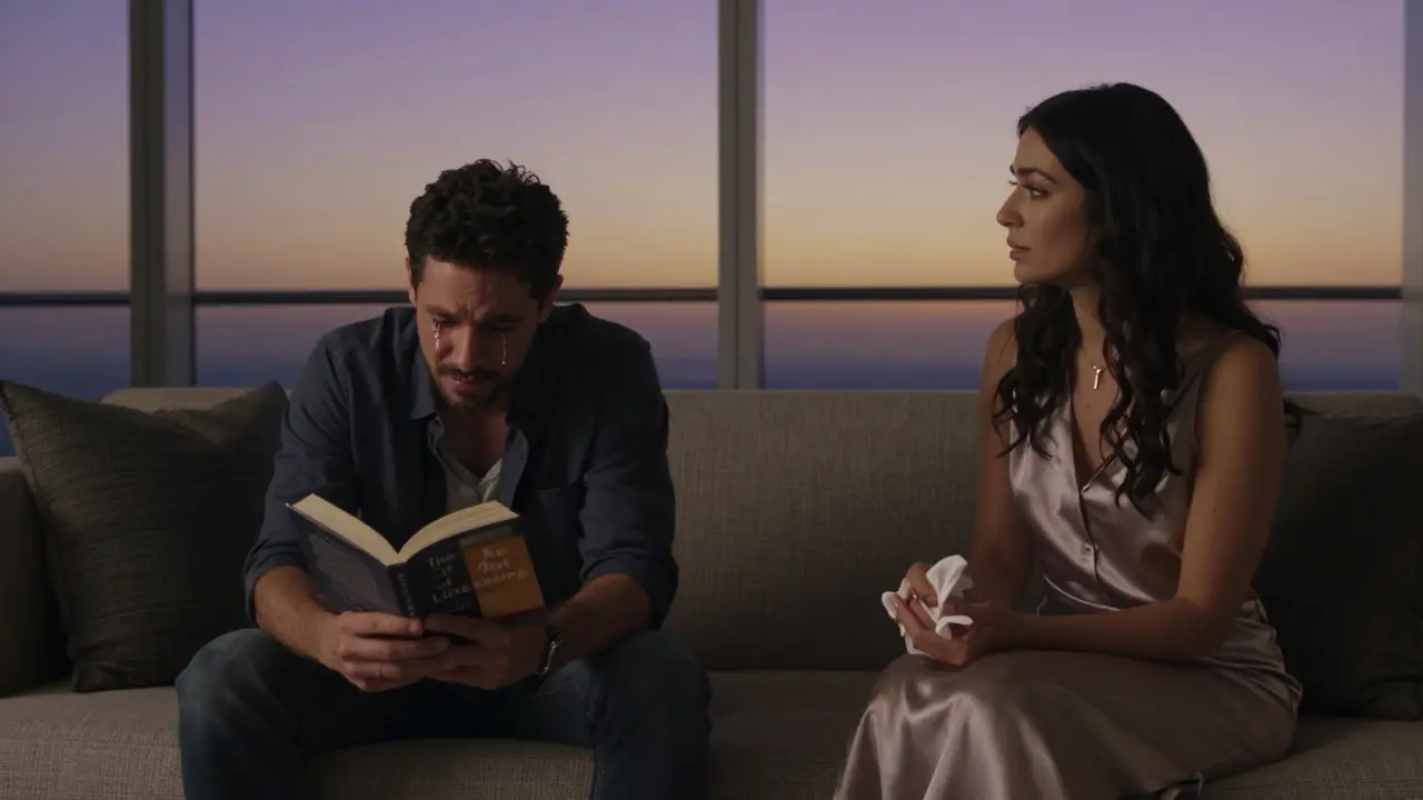 A man weeps silently in a penthouse as a woman offers him a tissue, holding space without words.