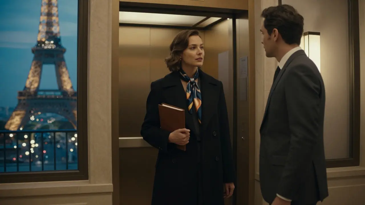 A modern Parisian companion in a tailored coat exits a luxury hotel at twilight, her interaction with a client unspoken but charged with quiet significance.