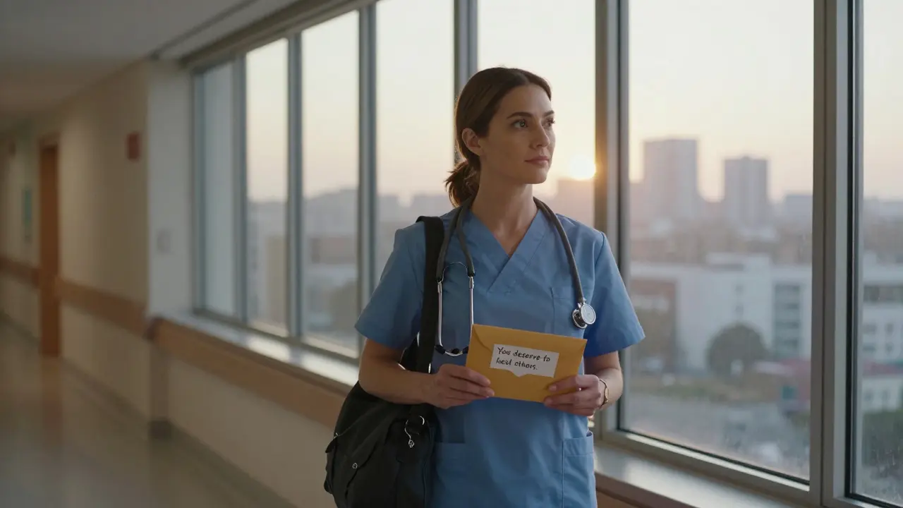 A nurse stands in a hospital corridor at dawn, holding a note of encouragement, overlooking Dubai's skyline.