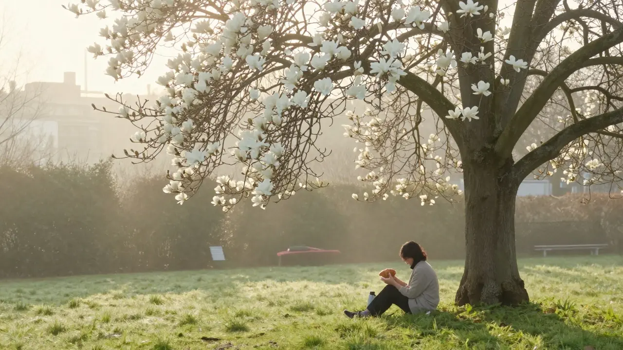 A person sitting peacefully in the quiet Brera Botanical Garden at dawn, surrounded by magnolia trees.