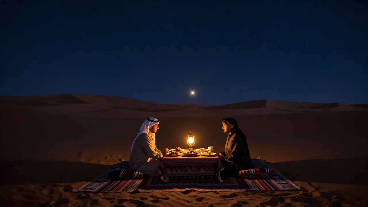 A private desert tent under a starry sky with a glowing lantern rising into the night.