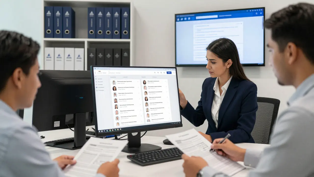 A professional agency office in Abu Dhabi where staff verify client profiles and identification documents under soft lighting.