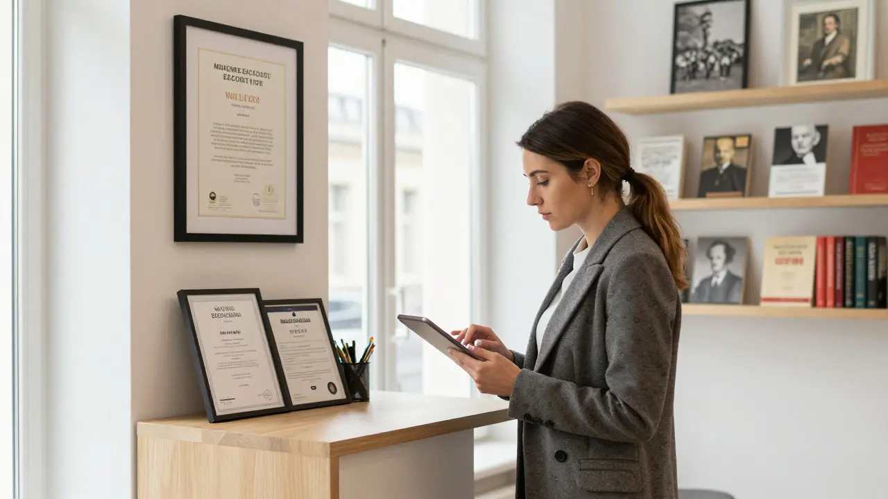 A professional escort reviewing verified credentials and Berlin history books in a modern agency office.