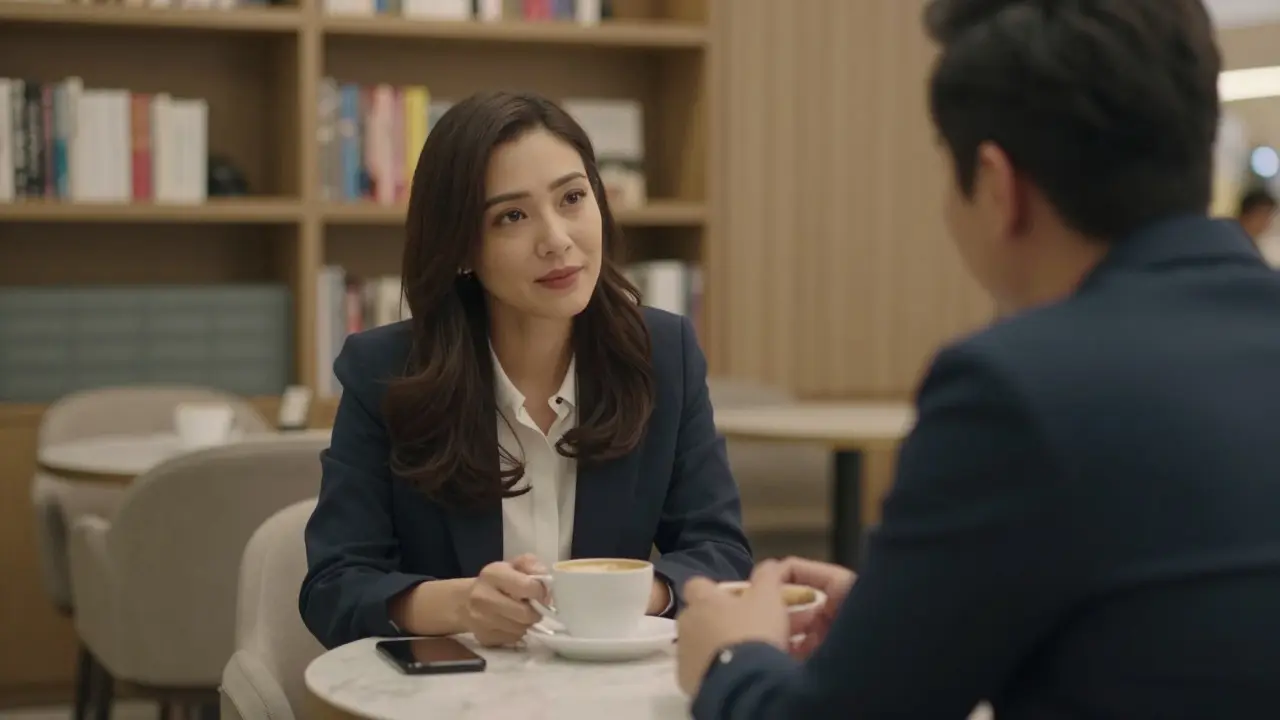 A quiet coffee meeting between a woman and man in a hidden lounge, focused on conversation and emotional connection.