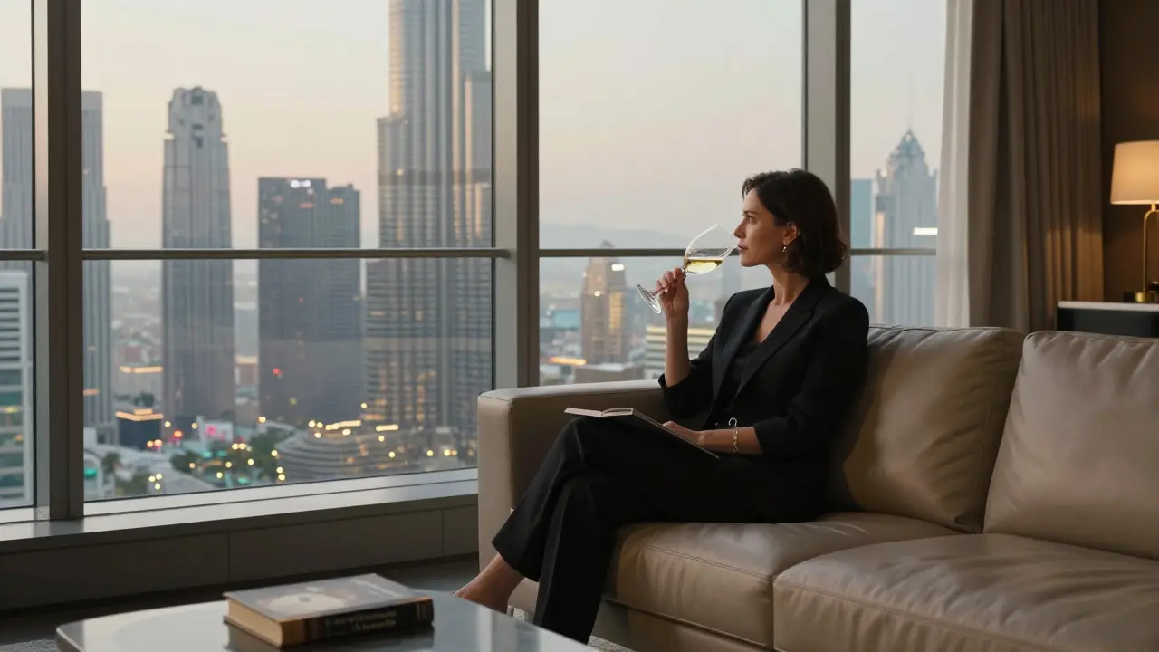 A refined companion in a luxury penthouse, gazing at the Burj Khalifa skyline while sipping wine in serene solitude.